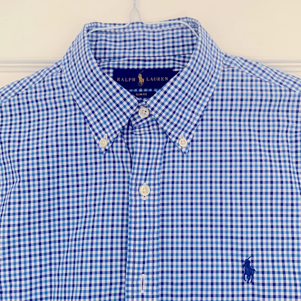 Blue, light blue, and white checkered Ralph Lauren dress shirt.